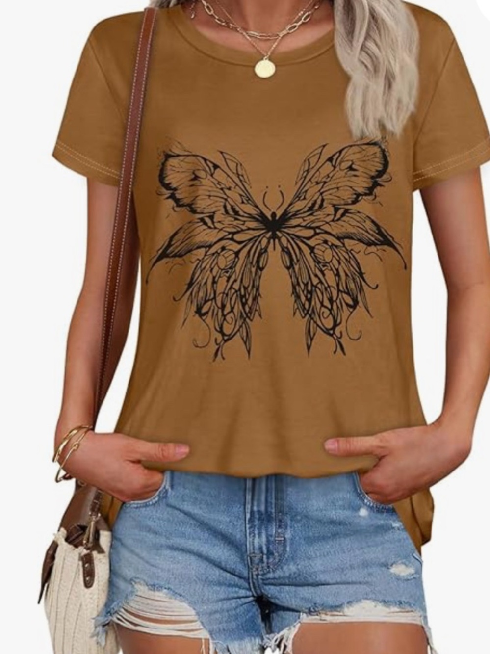 Casual Butterfly Graphic Tee - Brown
